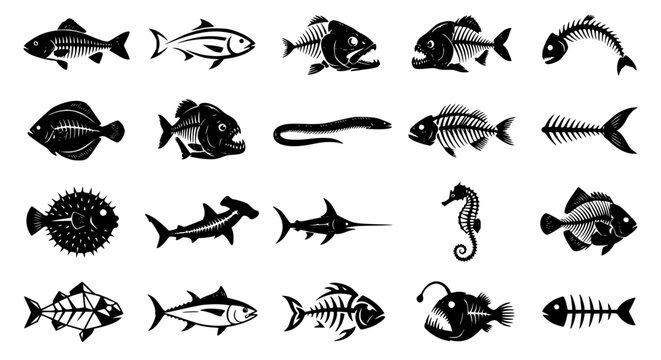 Black fish skeleton icon collection with piranha bone silhouettes for fishing branding and marine vector illustration