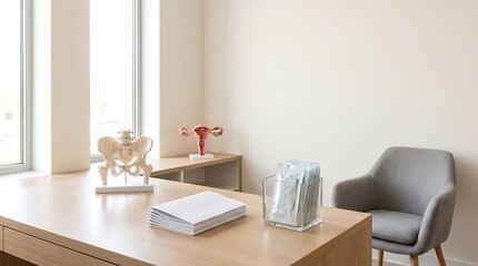 Fototapeta premium Modern gynecologist office with anatomical models on a wooden desk.