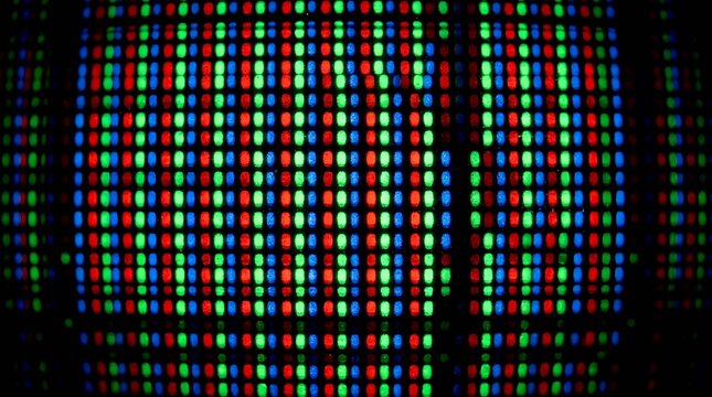 Macro closeup of a digital screen display showing rgb subpixel matrix structure