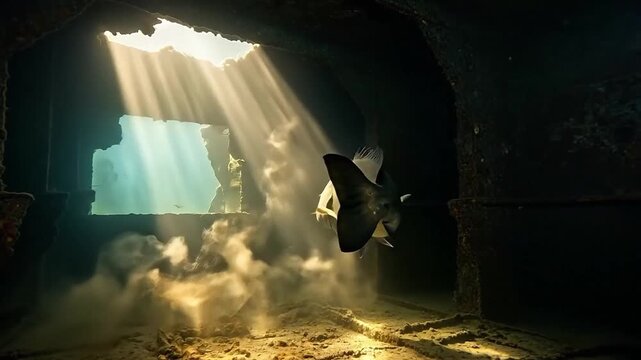 Large grouper fish swimming inside a dark sunken ship wreck illuminated by dramatic underwater sunlight rays breaking through the ocean surface for wildlife and nature concepts