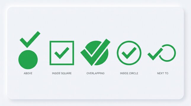 Green check marks interacting with circles and squares, showing spatial relationships like above, inside, overlapping, and next to shapes.