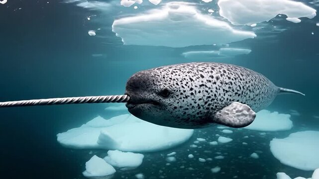 Majestic narwhal swimming gracefully under arctic ice floes in freezing ocean waters symbolizing wildlife conservation and nature beauty