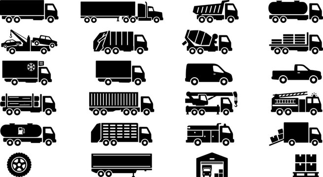 Set of black and white truck and vehicle icons.