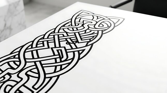Intricate black celtic knot pattern on a white surface