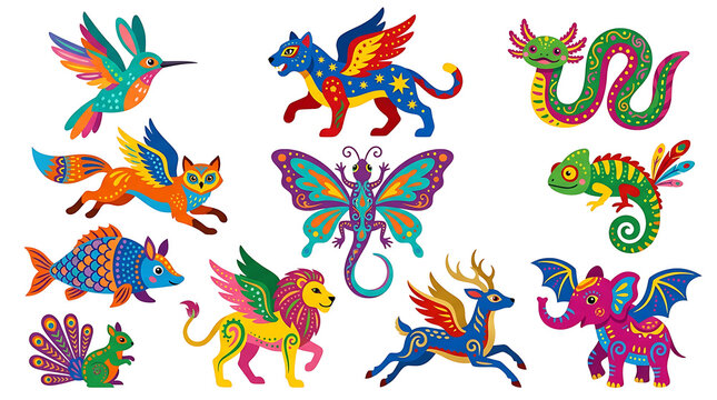 Collection of colorful mythical and fantasy creatures with intricate patterns and vibrant colors, presented in a flat design.
