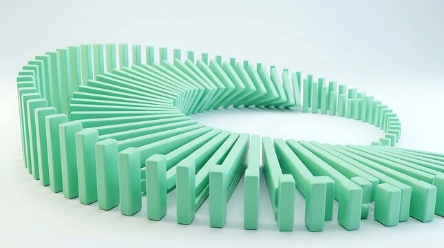 Abstract 3d render of a spiral arrangement of mint green rectangular blocks isolated on white background