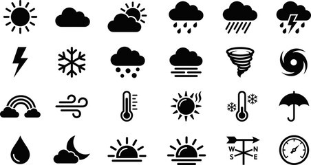 Obraz premium Set of black weather icons for forecast and climate interface.