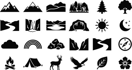 Obraz premium Set of Nature and Outdoor Adventure Solid Black Icons.