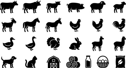 Set of farm animals and agricultural icons in black silhouette style. © melda