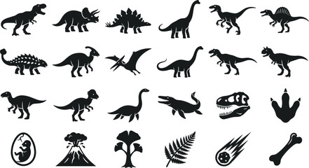 Set of Various Dinosaur Silhouettes and Prehistoric Elements. © melda