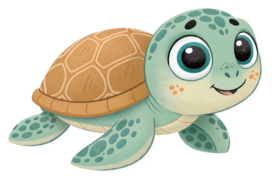 Cute cartoon sea turtle with a happy smile swimming