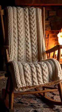 Cozy knitted blanket with cable pattern draped over wooden rocking chair near warm fireplace creating inviting and comforting atmosphere