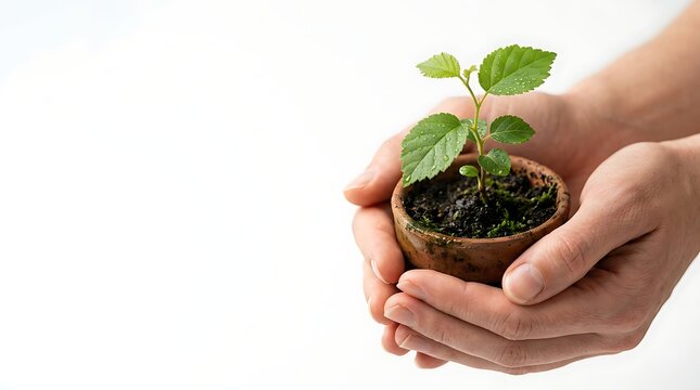 Hands holding a small green plant in a clay pot over white background