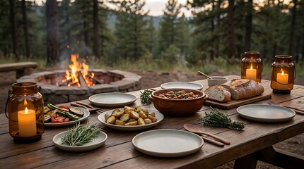 Fototapeta premium Delicious dinner served on a wooden table outdoors with a cozy fire pit in the evening. campfire dinner setup