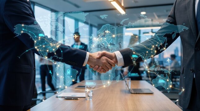 Global business partnership handshake with world map overlay, international trade and logistics network connection, corporate agreement, supply chain management