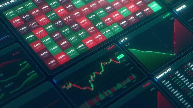 Trading terminal interface with a cryptocurrency candlestick charts, market board quotes and heatmap panels. Close up of a crypto and stock exchange dashboard with green and red price data