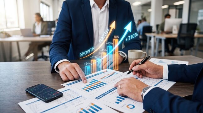Business team analyzing financial growth charts and success metrics on office desk with digital overlay