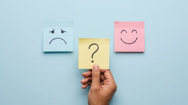 Hand holding a question mark sticky note between sad and happy faces