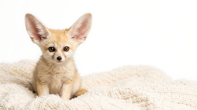 Cute fennec fox with large ears sitting on a soft white blanket