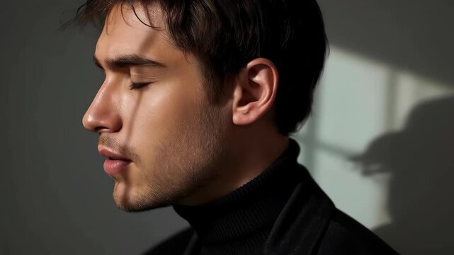 Portrait male young adult closed eyes window light side profile young man with closed eyes bathed