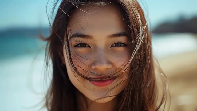 Young woman smiling on sunny beach with windblown hair warm sunlight ocean background