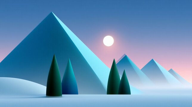 Minimal Geometric Pyramid Landscape With Stylized Trees At Pastel Sunrise