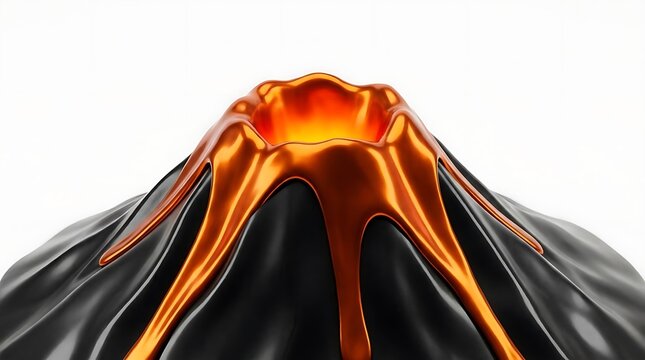 Volcano crater with glowing orange lava flow.
