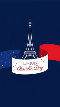 vector illustration of the eiffel tower, Bastille Day celebration banner with 14th July date, french flag stripes in blue and red, commemorative ribbons