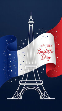 Bastille Day greeting card design, Eiffel Tower outline illustration, French flag blue white red background, 14th July celebration invitation concept