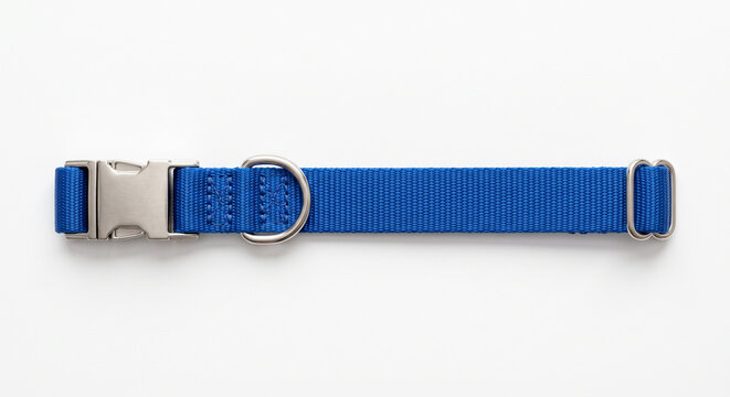 Bright blue pet collar with a silver metal buckle and D-ring isolated on a clean white background with copy space a simple and functional design