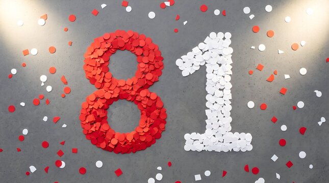 Festive number 81 made of red and white confetti on grey background