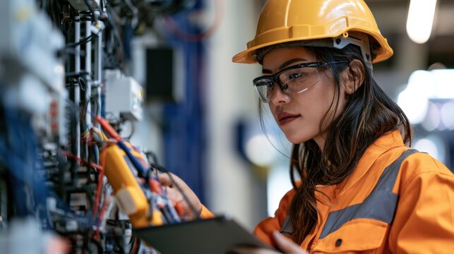 Female engineer wearing safety helmet and protective glasses inspecting electrical wiring and measuring circuits with digital multimeter in industrial setting