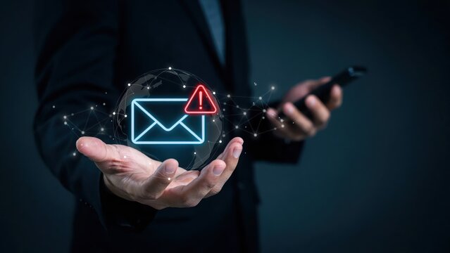 Professional cybersecurity expert holding a digital hologram representing an urgent email notification alert to highlight potential data phishing risks