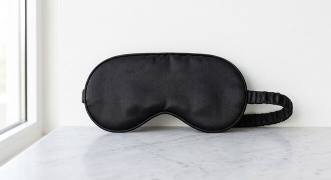 Black silk sleep mask on a white marble surface with a bright window in the background providing natural light for relaxation