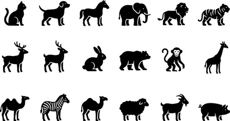 Set of various black animal silhouettes on white background. © punokawan