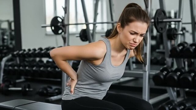 Young caucasian woman experiencing lower back pain while working out in a gym fitness center, conceptual image of sports injury and muscle strain