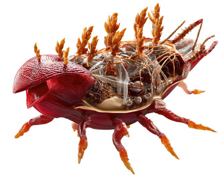 Ecdyonurus Venosus larva: The nymph of this mayfly species exhibits a distinctive reddish-brown exoskeleton, showcasing its intricate segmented body and multiple legs.