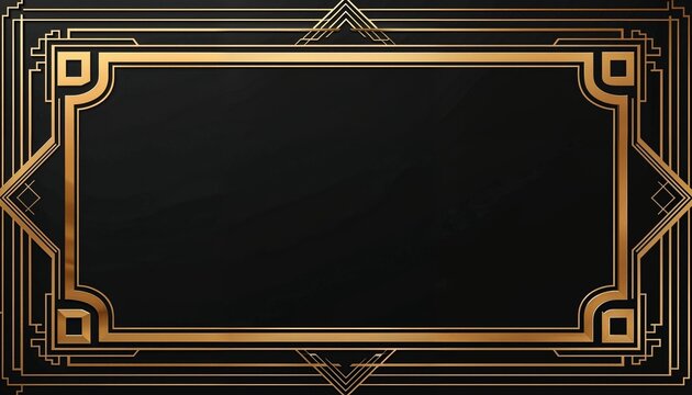 Art deco gold frame on black background. Elegant vintage border for luxury invitations.