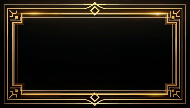 Art deco gold frame on black background. Elegant luxury border for wedding invitation design.