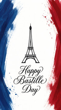 Happy Bastille Day greeting card design with Eiffel Tower and French flag colors in red, white and blue. Patriotic artwork