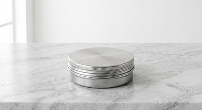 Close up of a round silver metal tin container with a screw top lid on a white marble surface with soft natural light