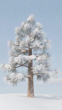 A single pine tree covered in fresh white snow against a clear blue sky.