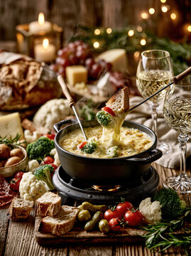 Luxury Swiss Cheese Fondue with Artisan Dippers &ndash; AI Generative