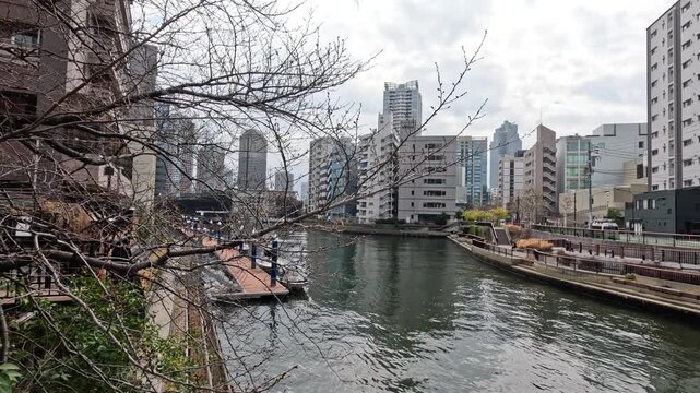 Urban Canal and Cityscape Skyline in Tokyo Japan
