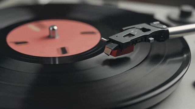 Vinyl record spinning on turntable during playback with needle detail