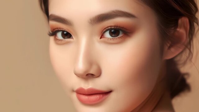 Soft close up portrait of woman face makeup eyeshadow featuring warm natural tones and serene