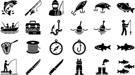 Set of black and white fishing equipment and outdoor activity icons. © punokawan