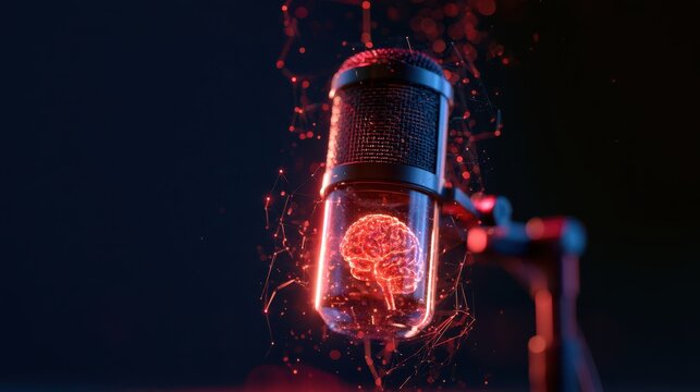 A futuristic microphone with a glowing red brain inside, symbolizing AI and advanced technology in audio recording.