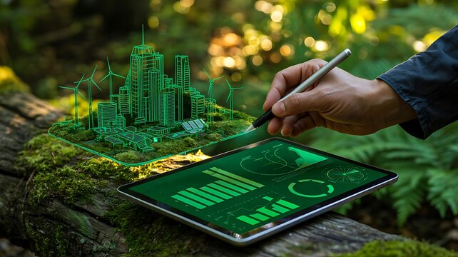 Sustainable smart city concept with digital urban planning interface and green technology in nature