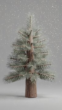 A small decorative pine tree standing against a soft grey background with falling snow.